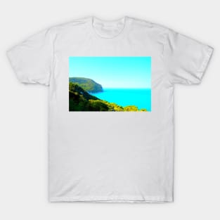 View from Piazzale Marino in Sirolo at the Adriatic Sea, Mount Conero, vegetation and sky T-Shirt